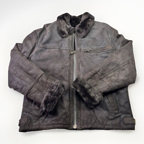 Vintage Guess Faux Shearling Aviator Jacket – Brown Textured Suede Finish - Picture 1 of 8